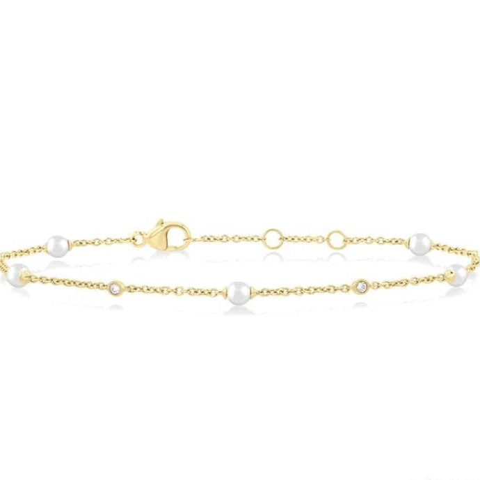 1/20 Ctw 3 MM Cultured Pearl and Round Cut Diamond Fashion Station Bracelet in 14K Yellow Gold