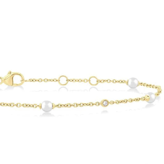 1/20 Ctw 3 MM Cultured Pearl and Round Cut Diamond Fashion Station Bracelet in 14K Yellow Gold