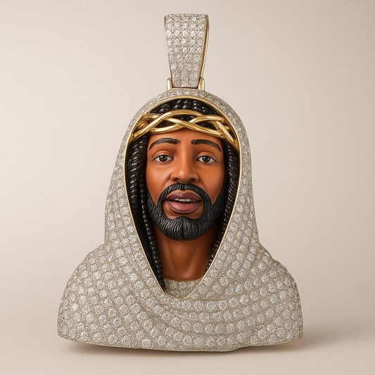 10K Gold Jesus Face Pendant with Crown of Thorns – 6.0 CTW Diamond Charm