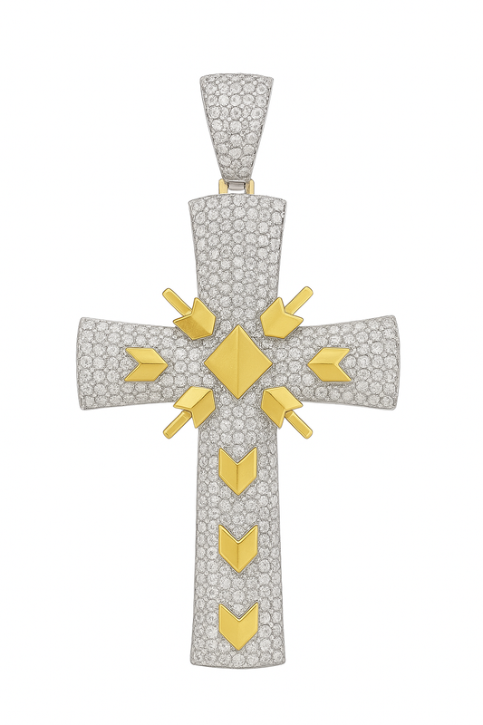 10K Yellow Gold Solid Chevron Diamond Cross Pendant – 3.5 Carat