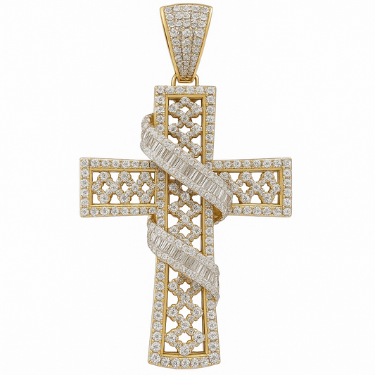 10K Yellow Gold Diamond Ribbon Cross Pendant – 3.00 CTW