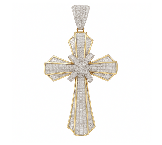 10K Yellow Gold Solid Chevron Diamond Cross Pendant – 3.5 Carat