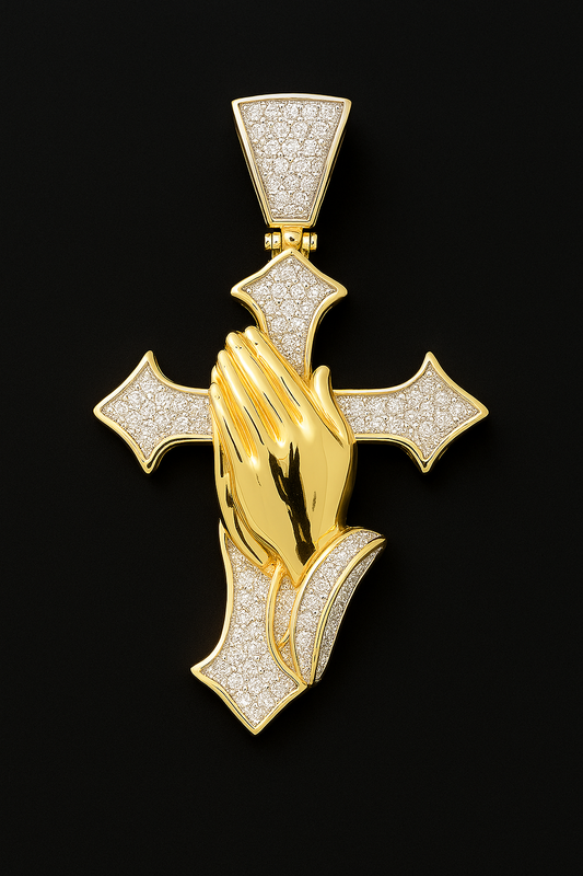 10K Gold Praying Hands Cross Pendant with Diamond Accents
