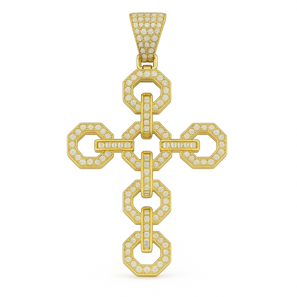 Hexagonal Link Diamond Cross Pendant (10K White Gold)